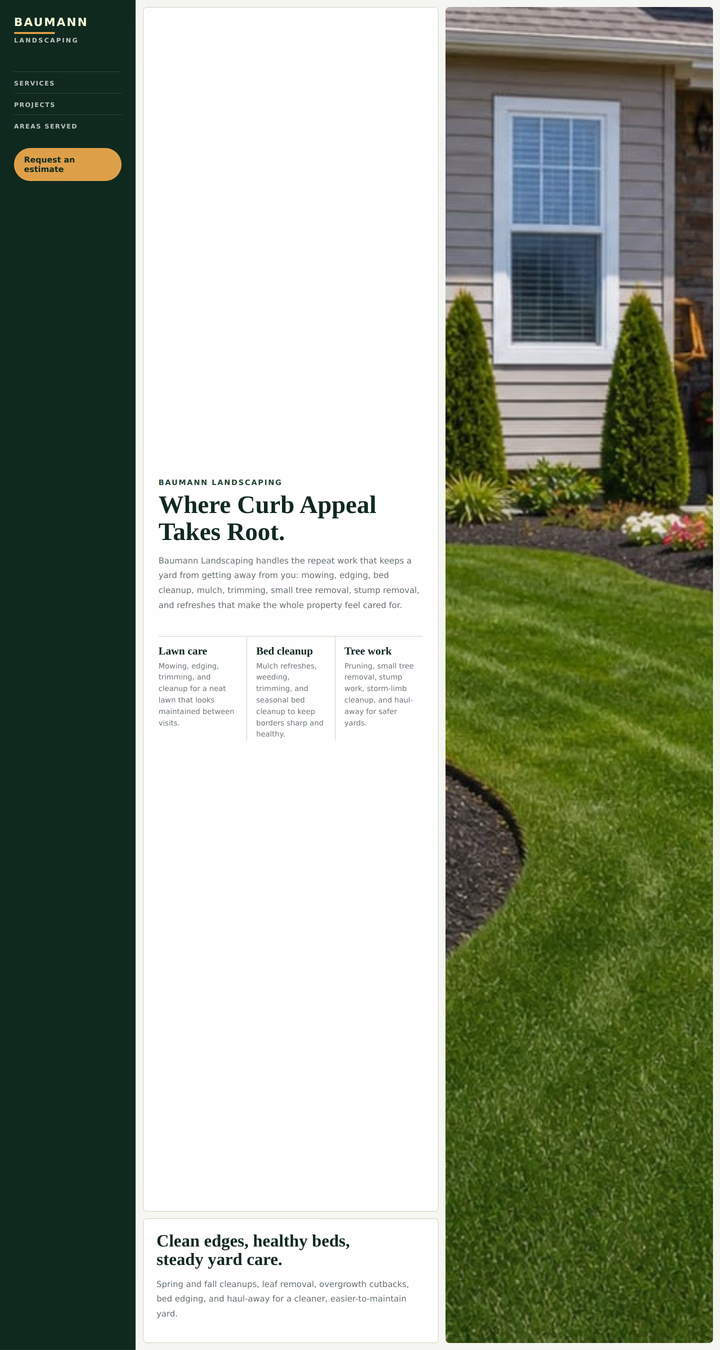 Baumann Landscaping sample with a garden photograph and quote request