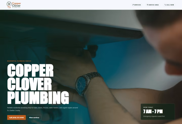 Copper Clover Plumbing sample with repair services and contact options