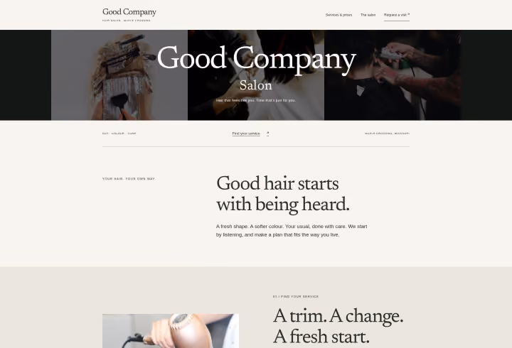 Good Company Salon sample website with salon services and booking details