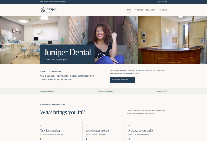 Juniper Dental sample website with treatment and new patient details