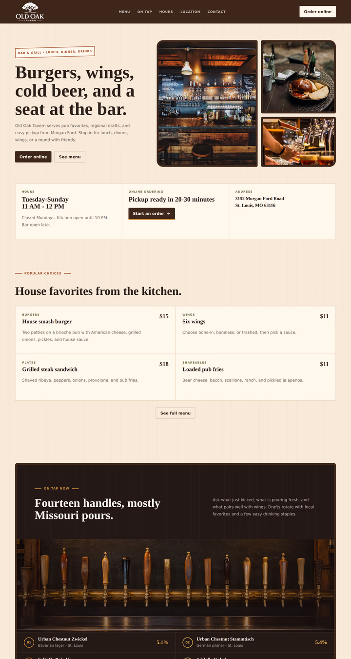 Old Oak Tavern restaurant sample with menu links and a tavern photograph