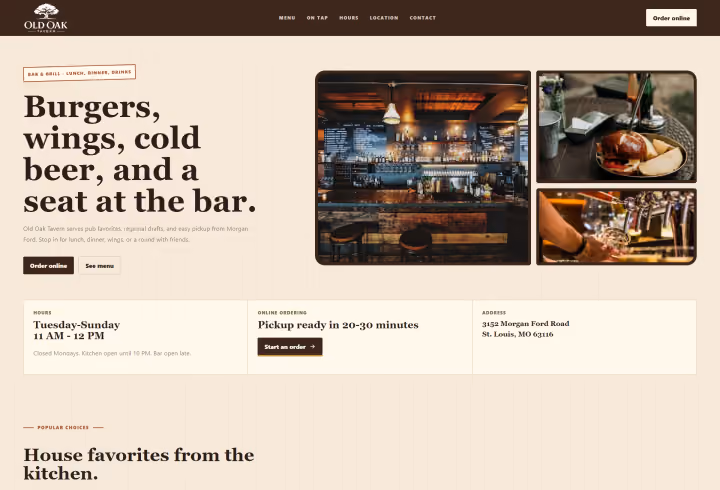 Old Oak Tavern restaurant sample with menu links and a tavern photograph
