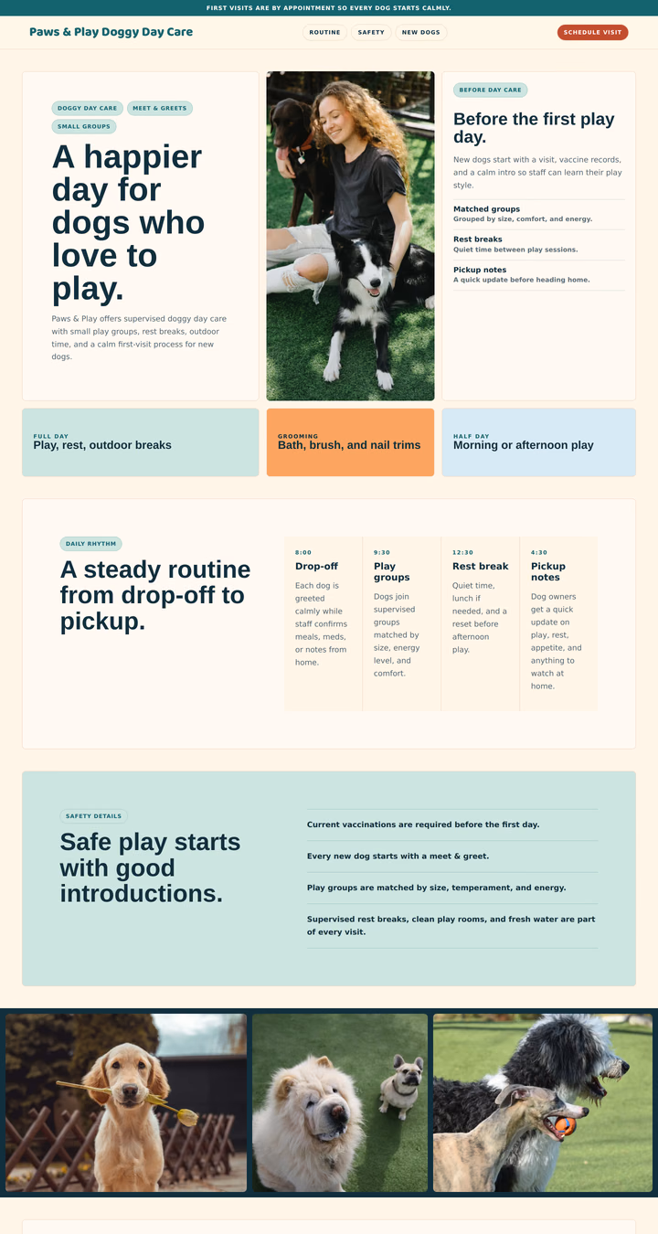 Paws and Play pet care sample with a dog photograph and visit booking