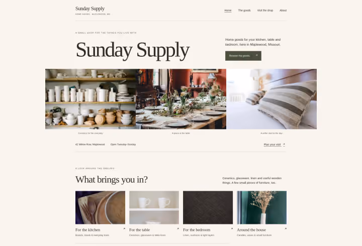 Sunday Supply sample website with home goods and shop details