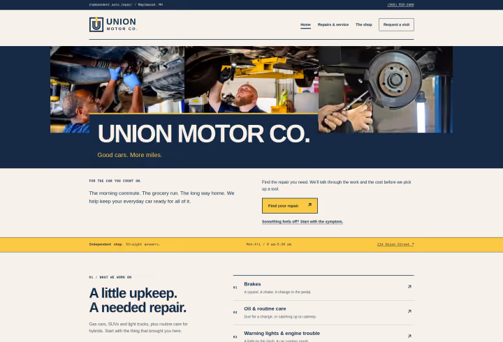 Union Motor Co. sample auto repair website with service and appointment details
