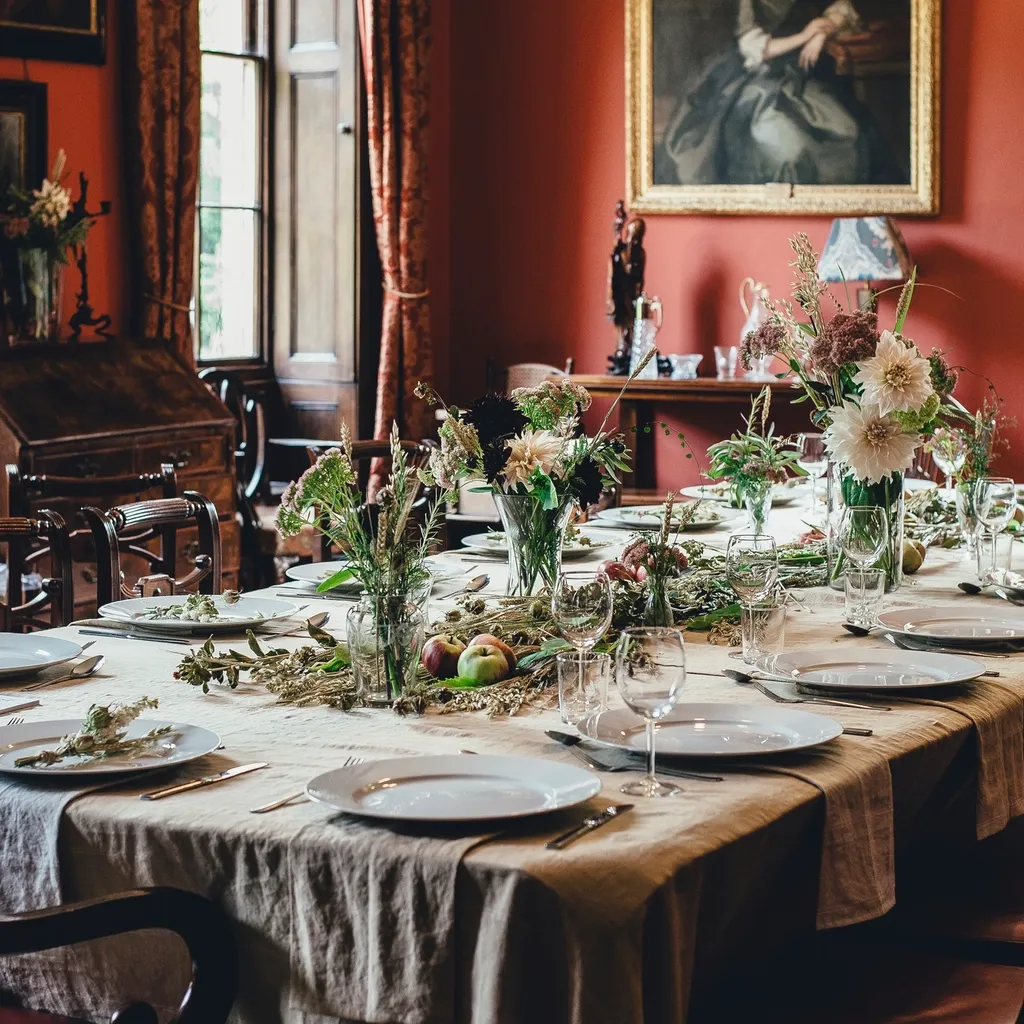 White plates, clear glasses and flowers on a natural linen tablecloth